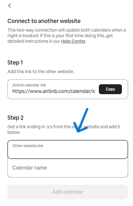 Connecting the Blueground iCal to another website in Airbnb's Connect calendars flow