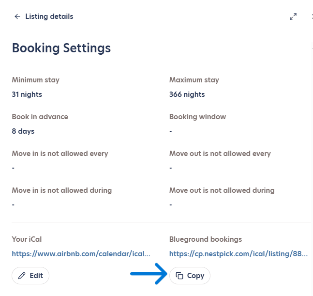 Copying the Blueground bookings iCal link from a listing's Booking Settings