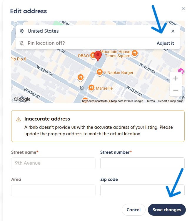 Editing a listing's address and saving changes in the Blueground Partner Portal